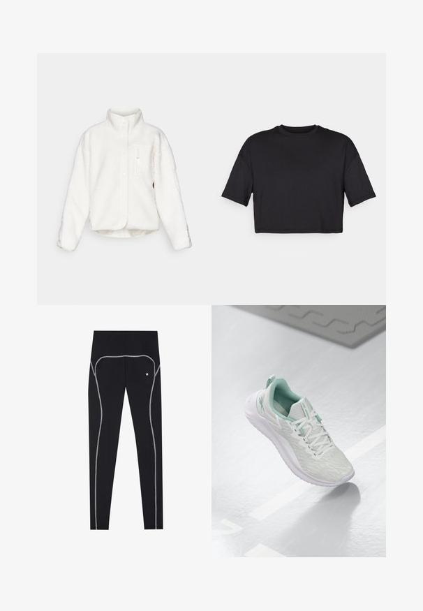 Valkoinen fleece-takki, jossa on korkea kaulus, nappikiinnitys ja etutasku vetoketjulla. Takissa on pehmeä, teksturoitu kangas ja lyhyt malli.; Musta lyhythihainen crop-top, joka on valmistettu pehmeästä kankaasta. Siinä on pyöreä pääntie ja lyhyet, leveät hihat, sekä yksinkertainen, saumaton muotoilu.; Mustat legginsit, jotka on valmistettu joustavasta kankaasta, jossa on kontrastiväristä harmaata ommelta sivuilla ja pieni logo vyötärön lähellä.; Vaaleanharmaa urheilujalkine, jossa on teksturoitu neulepäällinen, mintunvihreät yksityiskohdat, valkoiset nauhat, kumipohja ja vetolenkki kannassa.