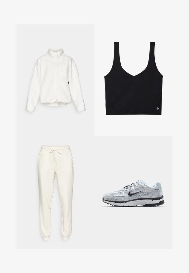 Veste en polaire blanche avec un col haut, fermeture à boutons et une poche zippée à l'avant. Présente un tissu doux et texturé avec un design court.; Soutien-gorge de sport noir avec des bretelles larges, un design en V, un tissu texturé et un détail de logo à l'ourlet. Fini lisse, style minimaliste.; Pantalons de jogging beige clair en tissu doux, avec une taille élastique à cordon, des poches latérales et des chevilles resserrées.; Baskets Nike P-6000 avec une tige en mesh gris clair, des accents noirs et une semelle en caoutchouc noir durable. Présente un design complexe et un système de laçage.