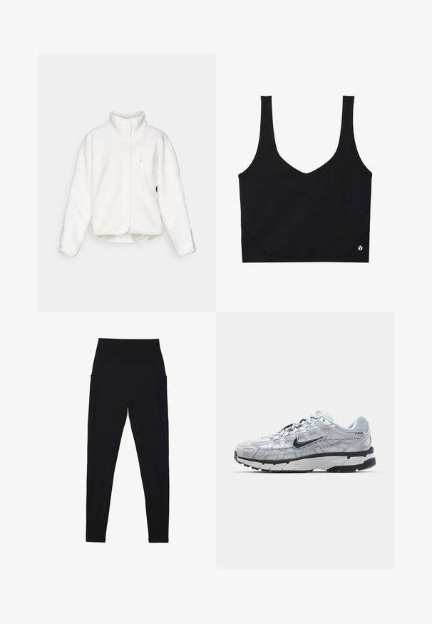 Fehér bolyhos dzseki magas nyakkal, gombos záródással és elülső cipzáras zsebbel. Puha, texturált anyagból készült, és rövidített kialakítású.; Fekete sportmelltartó széles pántokkal, V-nyakkivágással, texturált anyagból készült, és logo részlettel az alján. Sima felület, minimalista stílus.; Fekete leggings rugalmas anyagból, magas bordázott derékpánttal. Oldalsó zsebekkel és varrásmentes kialakítással a kényelem érdekében.; Nike P-6000 sportcipő, világosszürke hálós felsőrésszel, fekete részletekkel és tartós fekete gumitalppal. Bonyolult dizájnnal és fűzőrendszerrel rendelkezik.