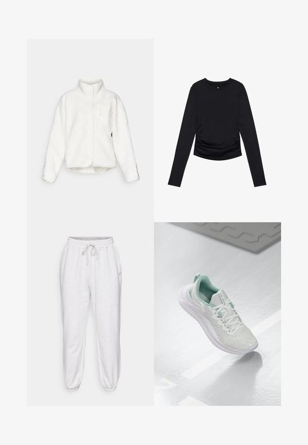 Biała polarowa kurtka z wysokim kołnierzem, zapięciem na guziki i przednią kieszenią na zamek. Posiada miękki, teksturowany materiał oraz krótki krój.; Czarny top z długim rękawem i okrągłym dekoltem, ozdobiony marszczeniami po bokach, wyeksponowany na jednolitym białym tle.; Jasnoszare spodnie dresowe wykonane z miękkiego materiału, z elastycznym paskiem w talii, sznurkiem do regulacji i zwężanymi mankietami, z bocznymi kieszeniami.; Jasnoszare buty sportowe z teksturowaną dzianiną, miętowymi akcentami, białymi sznurowadłami, gumową podeszwą i uchwytem na pięcie.