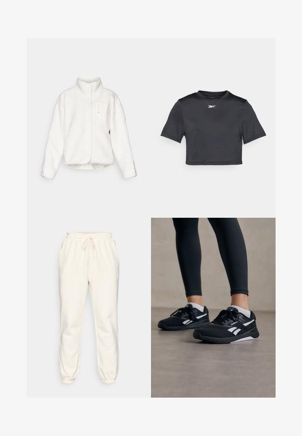 Balta pūkinė striukė su aukštu apykakle, mygtukų uždarymu ir priekinėmis užtrauktuko kišenėmis. Pagaminta iš minkštos, tekstūruotos medžiagos, turi sutrumpintą dizainą.; Juodas trumpas sportinis marškinėlis, pagamintas iš lygaus, lengvo audinio. Turi trumpas rankoves ir apvalų iškirptę, su baltu logotipu, atspaustu ant krūtinės.; Kremo spalvos sportinės kelnės, pagamintos iš minkštos medžiagos, su elastingu liemeniu su raišteliu, šoninėmis kišenėmis ir siaurėjančiais raiščiais ties kulkšnimis.; Juodi sportiniai batai su tekstūruota tinklo viršutine dalimi, baltais akcentais ir paminkštintu padu. Dėvimi su juodomis leggingomis, demonstruojančiomis aptakų dizainą.