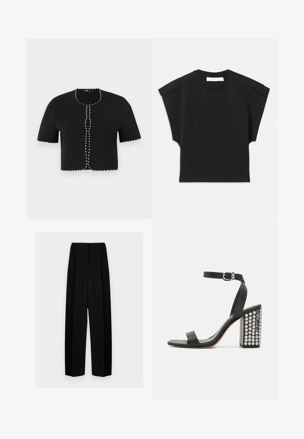 Svart kortermet topp med hvit kontrastsøm langs kantene og rund hals, laget av et mykt, stretchy materiale.; Svart t-skjorte med kort arm og rund hals, med skulderdetaljer, liggende flatt på en hvit bakgrunn.; Svart vide bukser med høy livhøyde, med folder og en glatt tekstur. Stoffet virker lett og faller elegant.; Svarte lær sandaler med hæl og ankelrem. Har firkantet tå, glatt tekstur og firkantet blokkhæl prydet med sølvnitter.