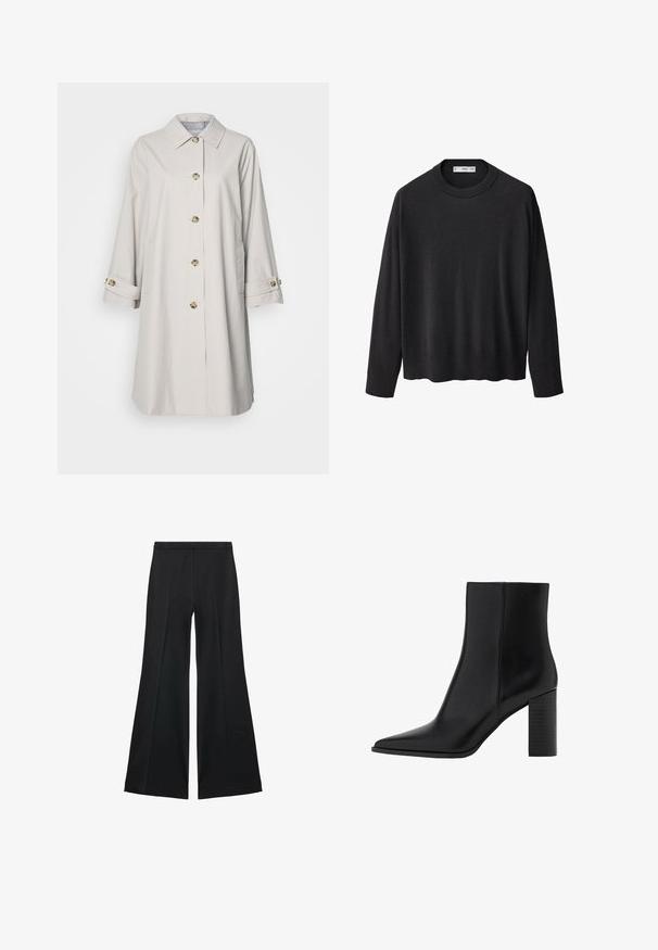 Světlý béžový kabát s dlouhými rukávy, límečkem a zlatými knoflíky. Má boční kapsy a ohrnuté manžety. Hladká textilie.; Černý pletený svetr s vroubkovaným kulatým výstřihem, dlouhými rukávy a rovnými lemy. Měkká textura, minimalistický design a univerzální styl.; Černé kalhoty s širokými nohavicemi a hladkou texturou, s předními sklady a přizpůsobeným střihem. Materiál je lehký a splývavý.; Černé kožené kotníkové boty s špičatou špičkou, čtveratým podpatkem, hladkou texturou a švy podél spojů. Výška podpatku je přibližně 8,9 centimetrů.