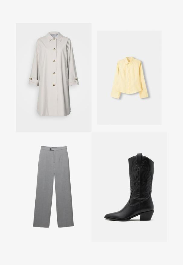 Palton bej deschis cu mâneci lungi, guler și nasturi de nuanță aurie. Include buzunare laterale și manșete rulate. Textură de țesătură netedă.; Cămașă galbenă cu dungi, cu mâneci lungi, guler ascuțit și închidere cu butoane în față. Prezintă dungi verticale albastre și un croi adaptat.; Pantaloni gri, ajustați, cu picior wide, față plată și textură subtilă. Au închidere cu un singur buton și linii clare.; Boot de cowboy din piele neagră, cu vârf ascuțit, modele viu încrustate și toc de înălțime medie. Include un tab pentru a fi purtat ușor.