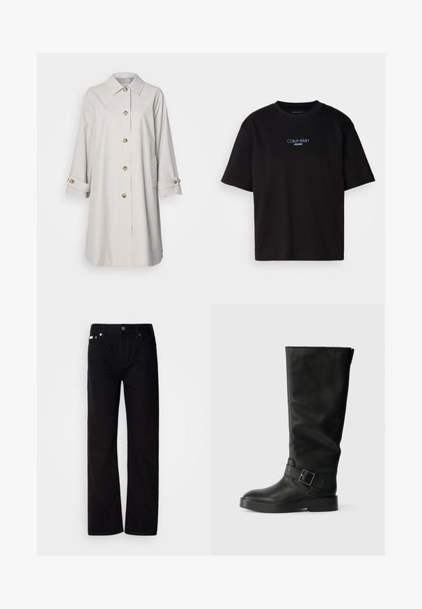 Šviesiai smėlinis paltas su ilgomis rankovėmis, apykakle ir auksinės spalvos mygtukais. Yra šoninės kišenės ir malkūnės rankovėmis. Lygus audinio paviršius.; Juodas medvilnės marškinėliai su apykakle, trumpomis rankovėmis ir mėlynai siuvinėtu "Calvin Klein JEANS" logotipu priekyje.; Juodi džinsai tiesaus kirpimo su penkiomis kišenėmis, sidabriniais kabliukais ir mygtukų užtrauktuku. Medžiaga turi lygią, šiek tiek tekstūruotą apdailą.; Juodi iki kelių batai, pagaminti iš lygaus odos, su apvalia nosimi, storu padu ir horizontalia juosta su stačiakampiu sagties akcentu.