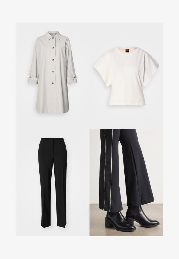 Gaiši bež mētelis ar garām piedurknēm, ar apkakles izgriezumu un zelta krāsas pogām. Ar sānu kabatām un apvīto piedurkņu galotnēm. Gluda auduma tekstūra.; Balts īsais T-krekls, plašas īsas piedurknes, mīksts kokvilnas materiāls, apaļa kakla izgriezums ar delikātu oranžu apdari, minimāls dizains, bez rakstiem vai grafikām.; Melnas pielāgotas bikses ar taisnu kāju dizainu, kas raksturojas ar gludu faktūru un asiem krokām pa priekšu. Nav redzamu metāla detaļu.; Melnas ādas potīšu zābaki ar blokveida papēdi, aprīkoti ar elastīgām sānu paneļiem. Kombinēti ar melniem biksēm, kuru sānos ir baltas svītras.