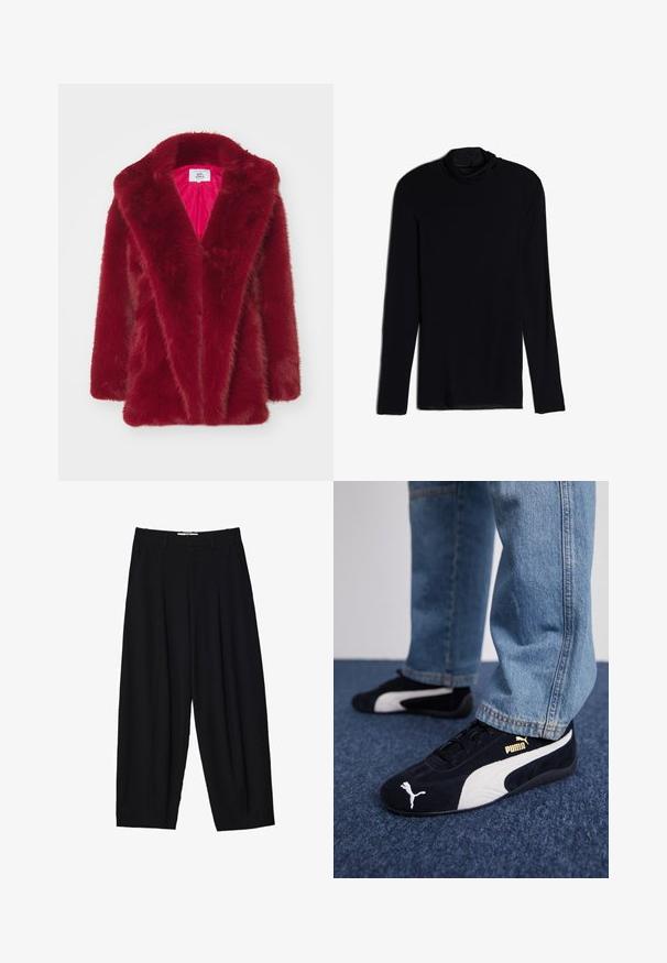 Röd fuskpälsjacka med en stor krage, öppen front och mjuk, fluffig textur. Inre fodrad med ett kontrasterande rosa tyg.; Svart långärmad topp med draperad halsringning, tillverkad av ett mjukt och glatt material; figursydd design med rak fåll och inga synliga sömmar.; Svarta vida byxor i lätt tyg, med framfållningar, en klassisk midja och sidofickor. Slät textur.; Svarta mockaskor med vita detaljer, med en gyllene logotyp. Bärs med ljusblå denimjeans och placerade på en texturerad blå yta.