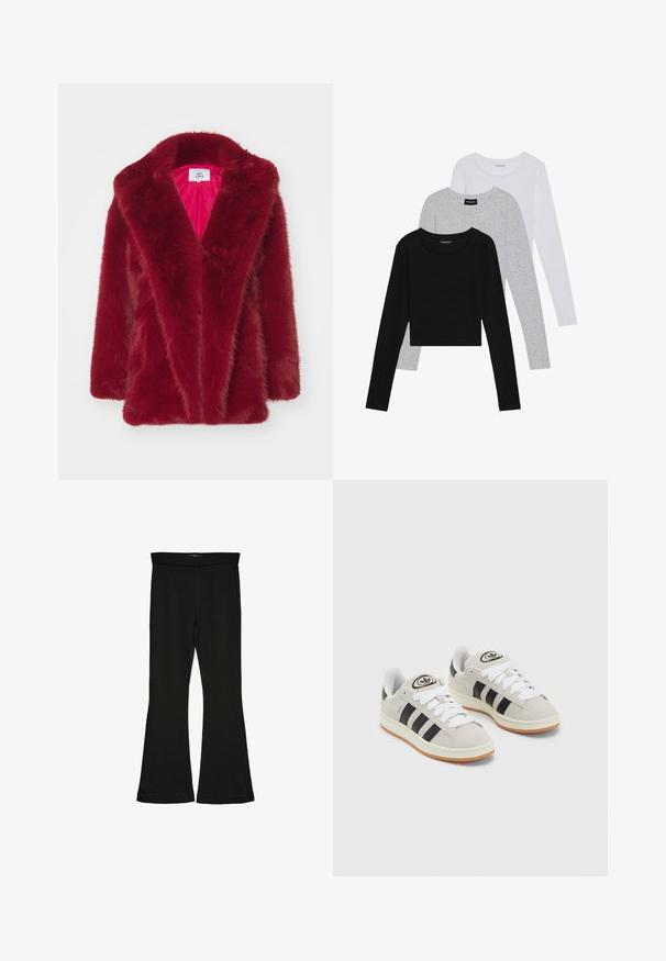 Rdeča jakna iz umetnega krzna z velikim ovratnikom, odprtim sprednjim delom in mehko, puhasto teksturo. Notranjost obložena z kontrastno roza tkanino.; Tri dolga rokava zložena: črna, siva in bela. Vsaka ima okroglo izreznico in skrajšan dizajn z gladkim, lahkotnim materialom.; Črne flare leggings iz raztegljive tkanine. Imajo širok pas in gladko teksturo, s prilegajočo silhueto, ki se na robu razširi.; Sive športne čevlje iz semiša z belimi vezalkami, črnimi črtami in belim gumijastim podplatom. Imajo okroglo oznako na ježku in podplat iz gume.