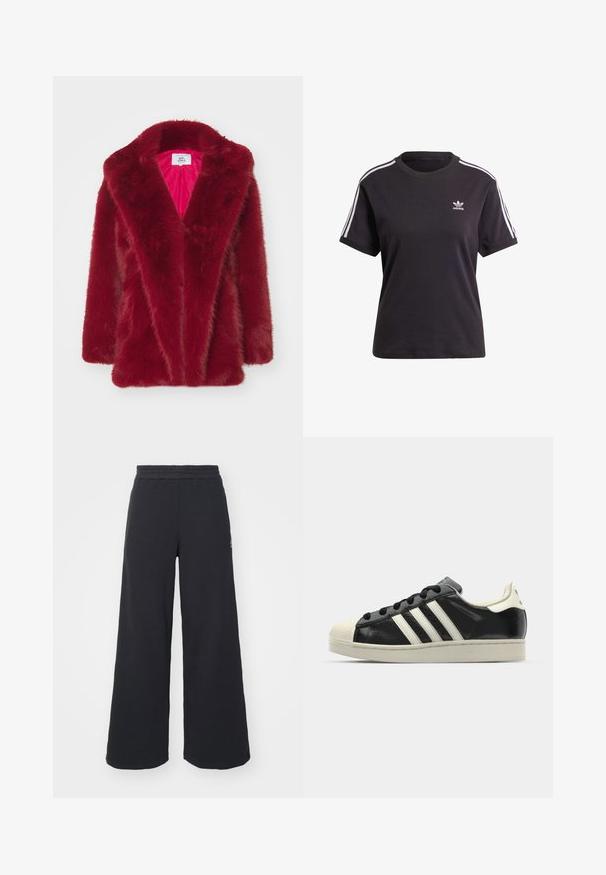 Casaco de pêlo sintético vermelho com um grande colarinho, frente aberta e textura suave e fofinha. Interior forrado com um tecido pink em contraste.; T-shirt preto de algodão de mangas curtas com gola redonda, apresentando riscas brancas nos ombros e um pequeno logotipo branco da Adidas no peito.; Calças de fato largas, pretas, feitas de tecido macio, com uma cintura elástica e um pequeno logótipo do lado esquerdo.; Sapatilha de couro preto com riscas brancas, biqueira de borracha, atacadores pretos e sola na cor creme. Textura suave com acabamento brilhante.