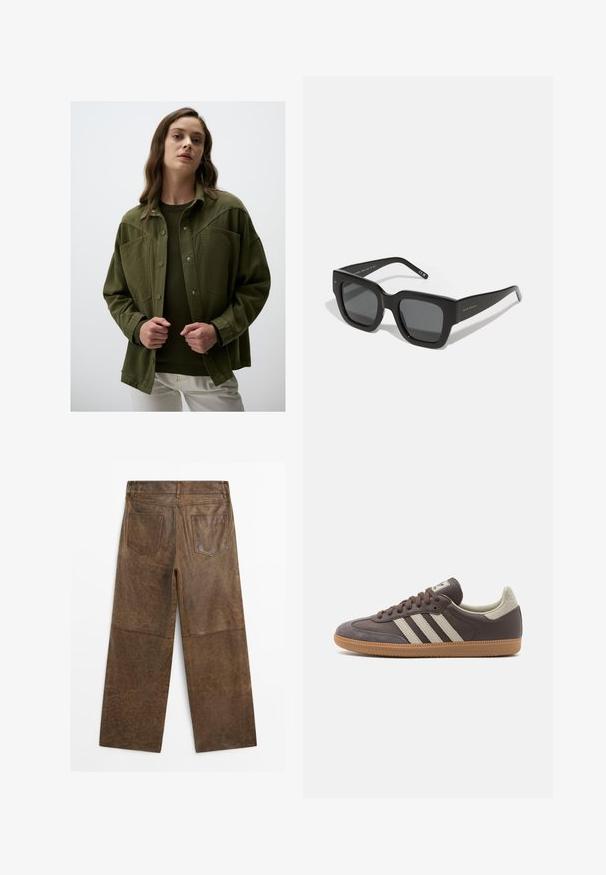 Kurtka w oliwkowym zielonym kolorze, w oversize'owym kroju z zatrzaskami, kieszeniami na piersi oraz gładką teksturą, noszona na ciemnozielonym swetrze i białych spodniach.; Koszula polo z długim rękawem, charakteryzująca się naprzemiennymi ciemnobrązowymi i białymi poziomymi paskami, kołnierzykiem oraz zapięciem na guziki. Wykonana z miękkiego materiału.; Brązowe skórzane spodnie o szerokich nogawkach z dwiema kieszeniami z tyłu i widocznym przeszyciem, pokazane z tyłu na białym tle.; Brązowe skórzane trampki z trzema jasnymi paskami, gumową podeszwą, zaokrąglonym noskiem oraz teksturowanymi zamszowymi akcentami na pięcie i nosku.; Czarne okulary przeciwsłoneczne w kwadratowym kształcie z ciemnymi soczewkami, grubą plastikową oprawką i eleganckimi zausznikami. Posiadają subtelne logo na boku.