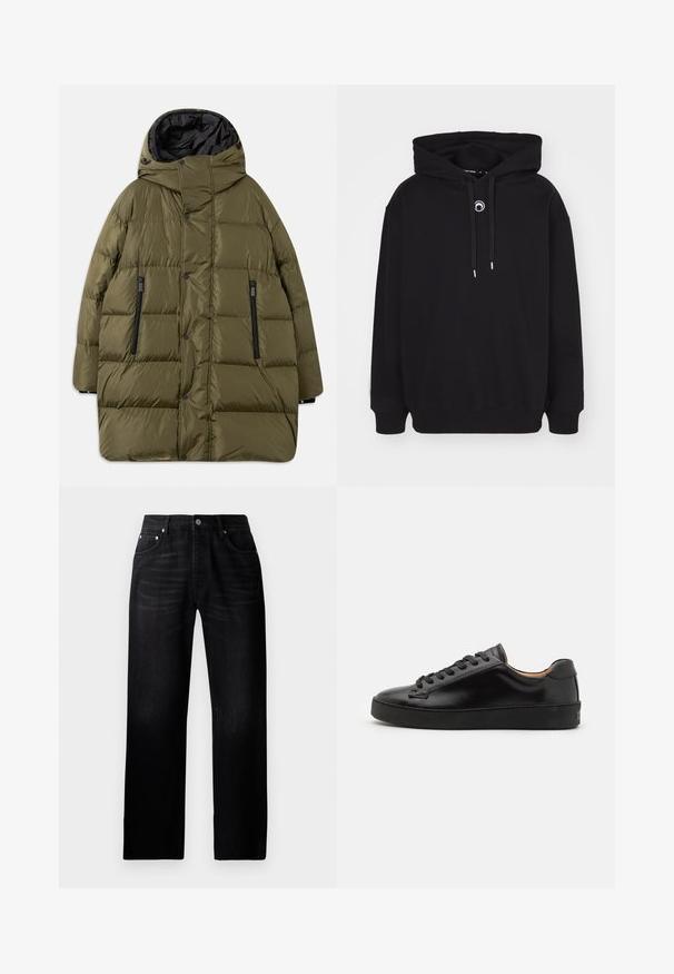 Jachetă pufosă de culoare verde măslin cu glugă, având un design matlasat, cu buzunare cu fermoar negre și capse pe partea din față.; Hanorac negru cu glugă, având șnur în față, manșete și margine ribbată, și un mic detaliu brodat circular pe piept.; Blugi negri cu picioare drepte din denim cu o textură estompată, design cu cinci buzunare și închidere cu buton metalic la talie.; Tenis cu un aspect neted, din piele neagră, cu vârf rotund și șireturi negre. Prezentă o branding minim pe călcâi și o talpă din cauciuc.