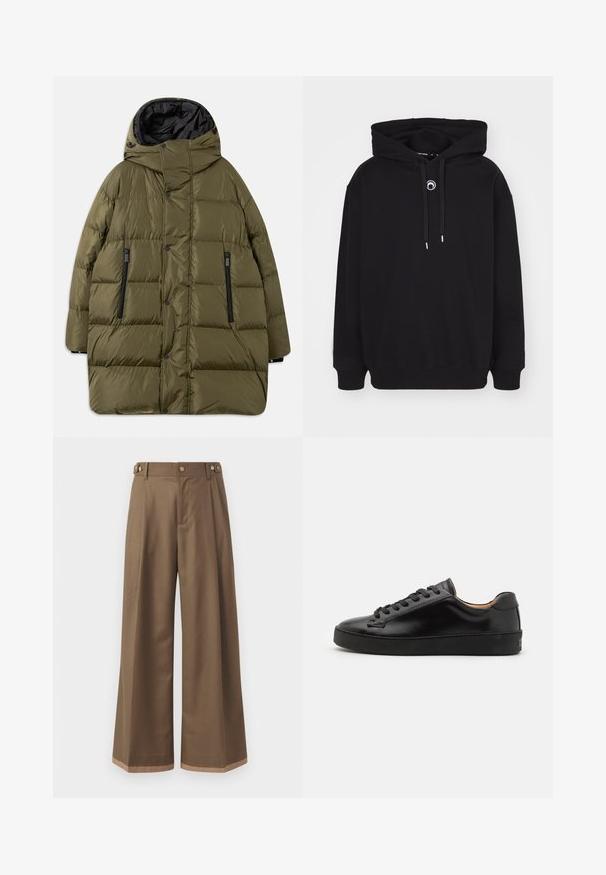 Olíva zöld pufi dzseki kapucnival, steppelt dizájnnal, fekete cipzáras zsebekkel és nyomógombokkal az elején.; Fekete kapucnis pulóver, elöl húzózsinórral, bordázott mandzsettákkal és szegéllyel, valamint egy kis kör alakú hímzett részletezéssel a mellkason.; Sötétbarna anyagú, bővített szárú nadrág, két oldalsó zsebbel, két díszítő elülső gombbal és kontrasztos szegérrésszel.; Fekete bőr sneaker sima felülettel, kerek orral és fekete fűzőkkel. Minimalista logó található a sarokon, valamint gumitalpa van.