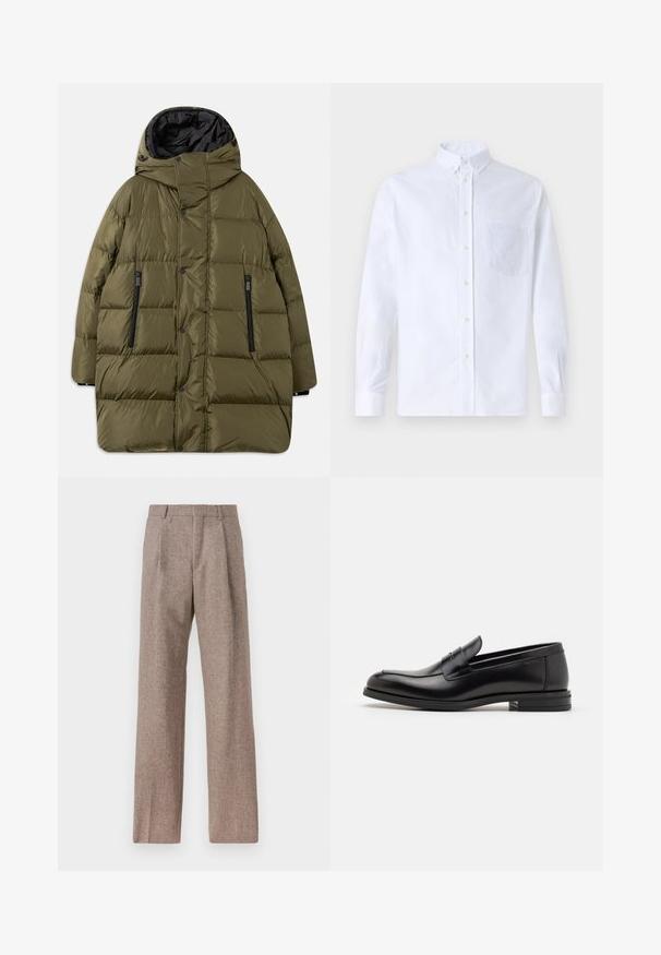 Alyvuogių žalios spalvos pūkuota striukė su kapišonu, pasižyminti siuvinėtu dizainu, juodais užtrauktukų kišenėmis ir mygtukais priekyje.; Balta ilga rankovė mygtukų marškiniai, pagaminti iš medvilnės, su krūtine kišene ir toniniu siuvinėjimu, apykakle ir mygtukų apvadu.; Rudos, aukšto liemens kelnes, pagamintas iš tekstūruotos medžiagos. Plati kojos, dvi priekinės klostės struktūrai. Tvarkingas apdailos darbai, be matomų detalių.; Juodos odinės loafers, turinčios lygų paviršių, apvalią noselę ir dekoratyvinę juostą per priekinę dalį. Žemas krentantis kulnas, minimalistinis dizainas.
