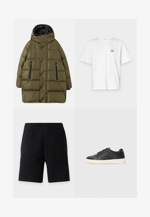 Olivovozelená nadýchaná bunda s kapucňou, vybavená prešívaným dizajnom, čiernymi zipsovými vreckami a cvočkami po celej prednej strane.; Biela tričko vyrobené z bavlny, s krátkymi rukávmi, okrúhlym výstrihom a malým šedým logom na oblasti ľavej hrude. Hladká textúra.; Čierne športové šortky vyrobené z mäkkého materiálu; majú elastický pás, dve bočné vrecká a kontrastné šitie.; Čierne kožené tenisky s textúrovaným povrchom, okrúhlou špičkou a plochou bielou gumovou podrážkou. Obsahujú čierne šnúrky a značku na päte.
