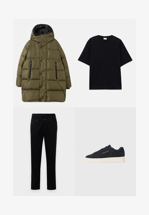 Maslinasto zeleni pufasti kaput s kapuljačom, sa kviltanim dizajnom, crnim patentnim zatvaračima i dugmadi na prednjem dijelu.; Crna kratka oversized majica s kratkim rukavima i okruglim izrezom, s vidljivom etiketom branda Filippa K unutar ovratnika.; Crne traperice s ravnim nogavicama, s kopčanjem na gumb, pet džepova i glatkom teksturom.; Navy plave sačmene niske tenisice s bijelim potplatom, mornarskim vezicama i "Filling Pieces" logotipom u zlatnoj boji sa strane.