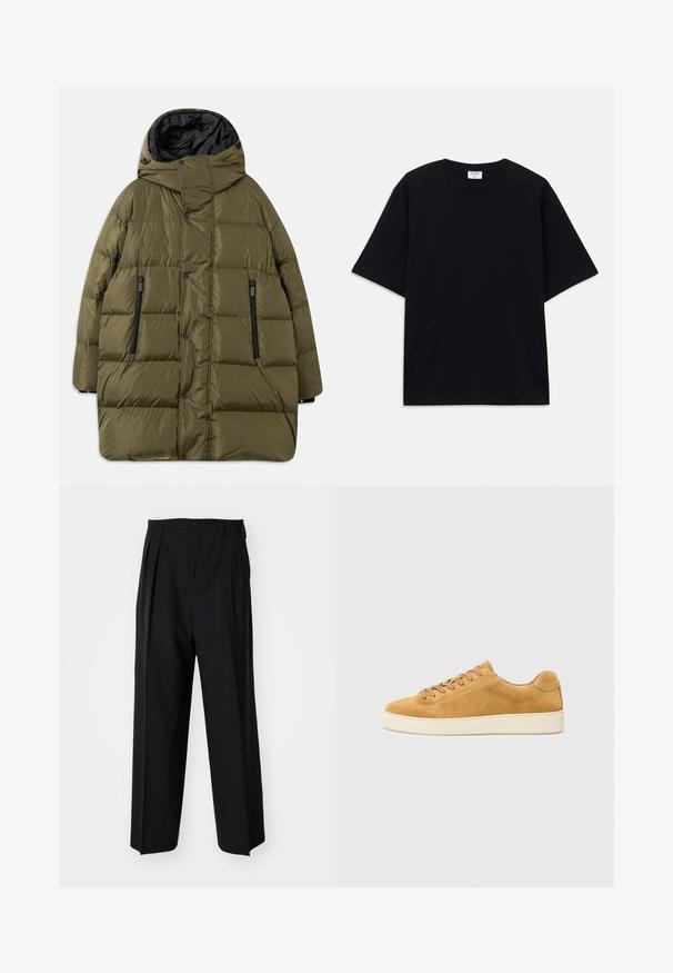 Alyvuogių žalios spalvos pūkuota striukė su kapišonu, pasižyminti siuvinėtu dizainu, juodais užtrauktukų kišenėmis ir mygtukais priekyje.; Juodas trumpas rankovėmis per didelis marškinėliai su apvaliu iškirpimu ir matoma Filippa K prekės ženklo etiketė vidinėje apykaklės pusėje.; Juodi klostuoti kelnių, su tiesiu, plačiu kojų dizainu. Pagaminti iš lygios medžiagos, su mygtukų uždarymu ir diržo kilputėmis.; Šviesiai rudos suedes sportbačiai su žemu profiliu, apvaliu nosiu ir raištelių uždarymu. Kreminės spalvos guma su subtiliu tekstūra ir minimaliais apdailos elementais.