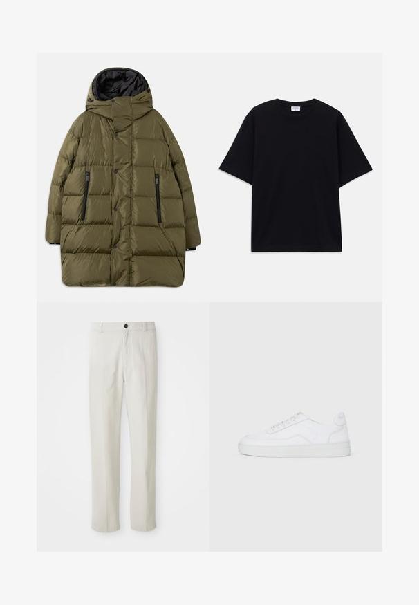 Giacca imbottita verde oliva con cappuccio, caratterizzata da un design trapuntato, tasche con cerniera nere e bottoni a scatto sul davanti.; T-shirt oversize nera a maniche corte con scollatura rotonda e etichetta del marchio Filippa K visibile all'interno del colletto.; Pantaloni beigi a gamba dritta con passanti per cintura, bottone frontale e chiusura con zip, esposti in piano su uno sfondo bianco.; Sneaker bassa bianca con lacci, tomaia liscia e suola in gomma su sfondo chiaro.
