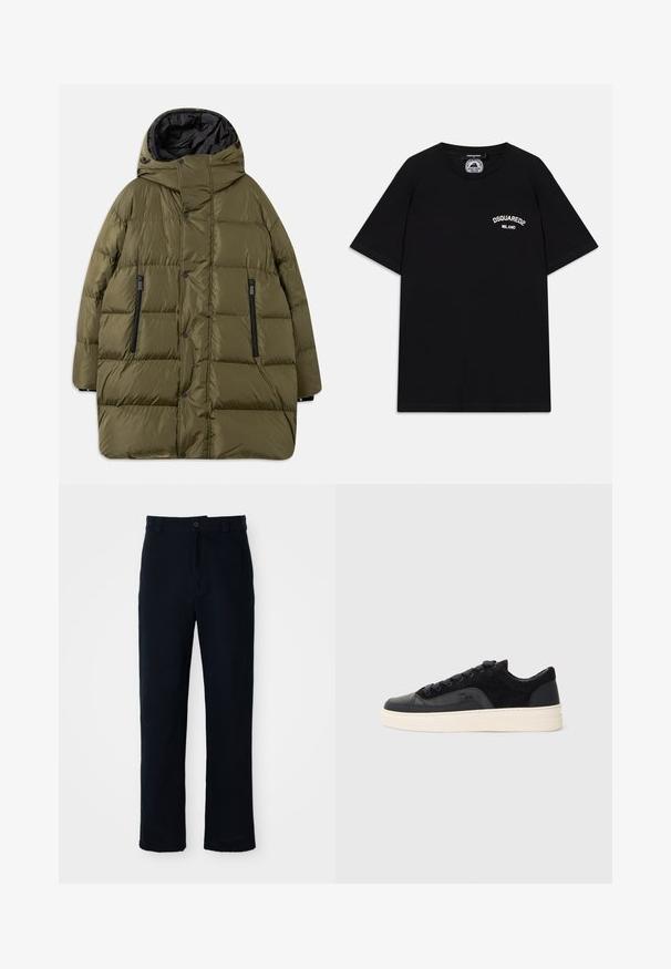 Casaco acolchoado verde-oliva com capuz, apresentando um design acolchoado, bolsos com zipper pretos e botões de pressão ao longo da frente.; T-shirt de algodão preto com mangas curtas, apresentando o logótipo branco "DSQUARED2 MILANO" no peito. Design de gola redonda, textura suave.; Calças azul marinho em algodão, com um design de perna reta, fecho frontal com botão e cinta clássica com passantes para cinto.; Ténis pretos com uma combinação de couro liso e camurça texturizada, com atacadores planos, bico arredondado e sola de borracha creme.