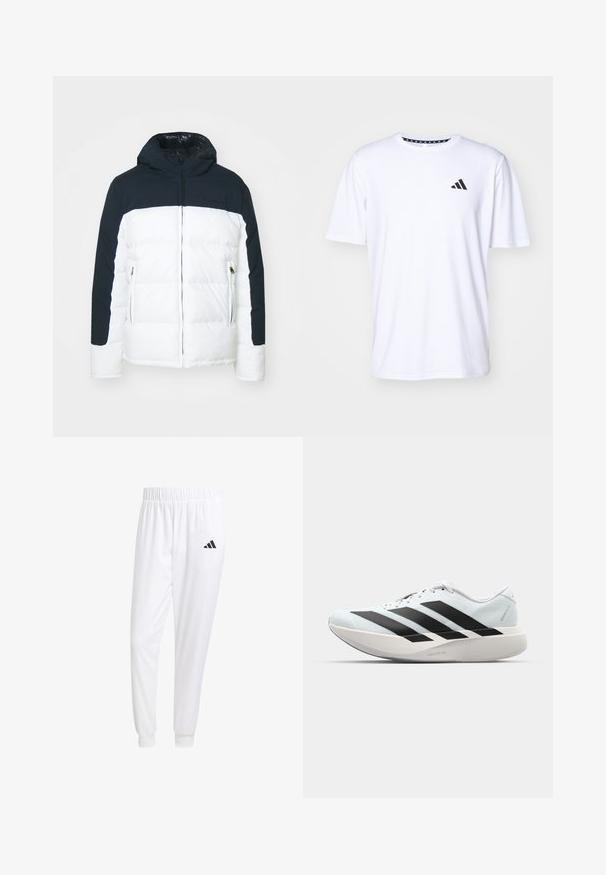 Pružná bunda s námořnickým vrchním dílem a bílým spodním dílem. Má kapuci, přední zip a kapsy na zip. Hladký povrch, izolační design.; Bílý tričko s krátkým rukávem vyrobené z látky s hladkou texturou. Na levé hrudi se nachází černé logo adidas a vzorovaný límeček.; Bílé sportovní kalhoty vyrobené z hladkého materiálu, s elastickým pasem a přiléhavými manžetami, s černým logem na zadní kapse.; Lehké běžecké boty v světle modré barvě s černými pruhy. Mají hladký svršek, kulatou špičku a silnou bílou mezipodešev označenou "LIGHTSTRIKE PRO."