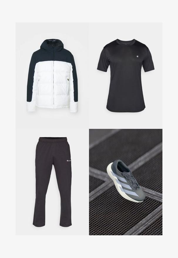 Pufasta jakna s gornjim dijelom u tamnoplavoj boji i donjim dijelom u bijeloj boji. Ima kapuljaču, prednji zatvarač i džepove sa zatvaračem. Glatka tekstura, izolirani dizajn.; Crna kratka majica s kratkim rukavima za sport od teksturiranog, prozračnog materijala; ima okrugli izrez i logo na lijevoj strani prsnog koša.; Crne trenirke s elastičnim pojasom, s malim bijelim logotipom na lijevom bedru i ravnim krojem nogavica. Mekani materijal od mješavine pamuka.; Sportska cipela u sivoj i bijeloj boji, izrađena od sintetičkog materijala, s aerodinamičnim dizajnom, teksturiranom površinom i istaknutim sistemom vezivanja.
