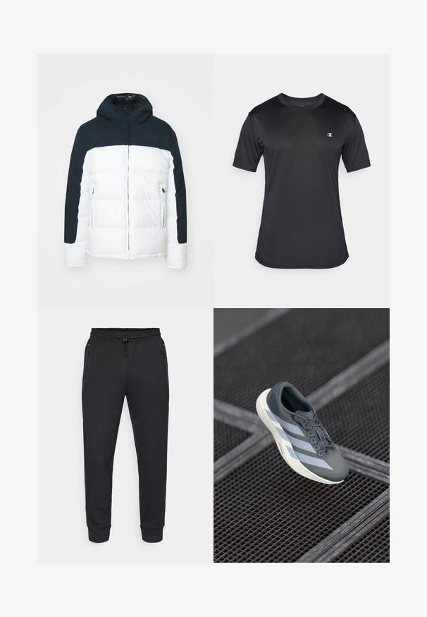 Puhasta jakna z mornarsko modrim zgornjim delom in belim spodnjim delom. Ima kapuco, sprednji zadrgo in žepe z zadrgo. Gladka tekstura, izolirana zasnova.; Črna kratkotrajna športna majica iz teksturirane, zračnosti tkanine; ima okroglo ovratnik in logotip na levem prsnem delu.; Črne atletske hlače s črto z elastiko, stranskimi žepi na zadrgo in rebrastimi manšetami. Narejene iz mehkega, teksturiranega materiala.; Športna obutev v sivi in beli barvi, izdelana iz sintetičnega materiala, z aerodinamičnim dizajnom, teksturirano površino in izrazitim sistemom vezalk.
