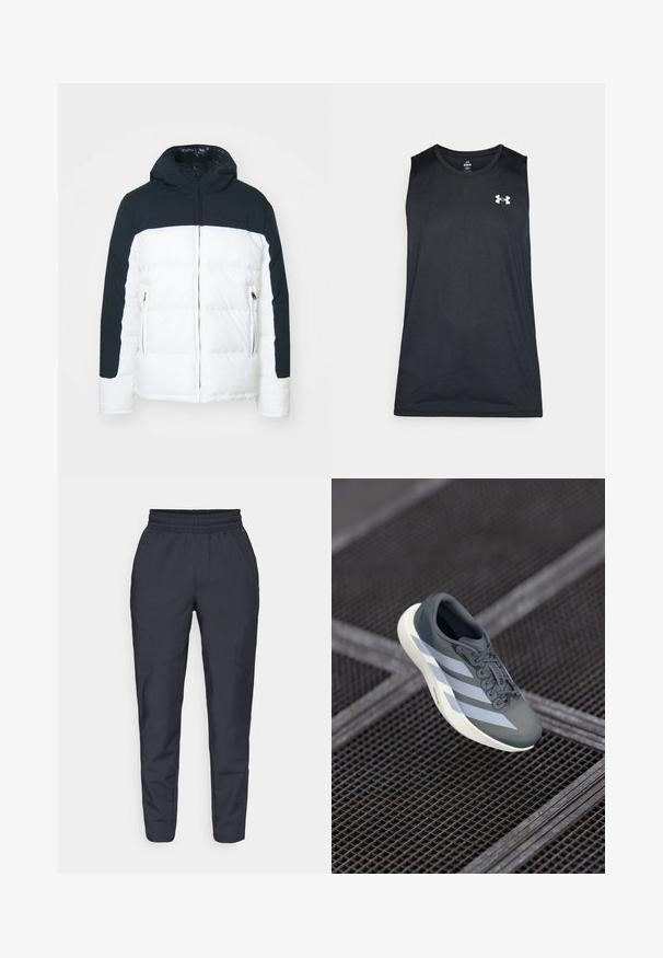 Kurtka puchowa z granatową górną częścią i białym dołem. Posiada kaptur, zamek błyskawiczny z przodu oraz kieszenie na zamek. Gładka tekstura, izolowany design.; Czarna bezrękawnik sportowy wykonany z gładkiego, oddychającego materiału. Posiada okrągły dekolt i biały logo na piersi.; Granatowe tapered spodnie wykonane z miękkiego materiału, z elastyczną talią, kieszeniami bocznymi oraz gładką teksturą z subtelnymi detalami w szwie.; Buty sportowe w kolorze szarym i białym, wykonane z materiałów syntetycznych, o smukłej konstrukcji, teksturowanym wykończeniu oraz wyraźnym systemie sznurowania.
