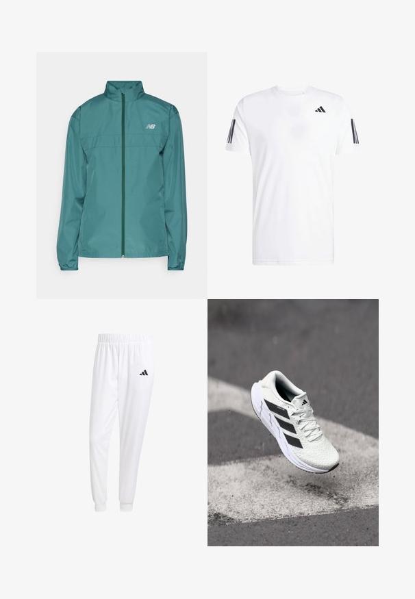 New Balance RUN JACKET - Windbreaker - new spruce; Weißes T-Shirt aus Stoff mit kurzen Ärmeln, Rundhalsausschnitt und drei schwarzen diagonalen Streifen an jedem Ärmel. Dezentes Logo auf der Brust.; Weiße Sporthose aus glattem Stoff, mit einem elastischen Bund und enganliegenden Bündchen, mit einem schwarzen Logo auf der Gesäßtasche.; Weiße Sportschuh mit strukturiertem Mesh-Obermaterial, schwarzen Streifen, Schnürverschluss und gepolstertem Sohlen, schwebt über einer markierten Straßenoberfläche.