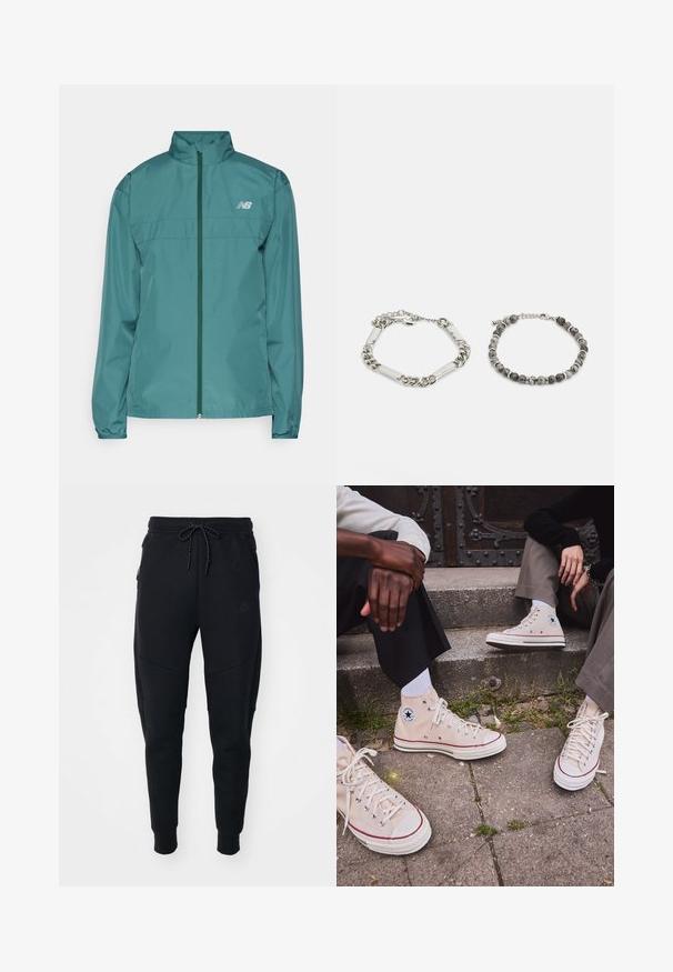 New Balance RUN JACKET - Giacca a vento - new spruce; Magliette senza maniche nere in confezione da tre. Texture a coste, scollatura a giro standard. L'orlo presenta un piccolo logo del brand nella parte inferiore.; Jogging neri realizzati in tessuto morbido, con vita regolabile, gambe affusolate e tasche laterali dal design elegante.; Sneakers alte in tela beige con striscia rossa, suola in gomma bianca e occhielli metallici, con l'iconico logo a stella sul lato.; Bracciale in argento con maglie rettangolari a sinistra; bracciale con perline grigie e pietre tonde a destra. Entrambi hanno chiusure regolabili.