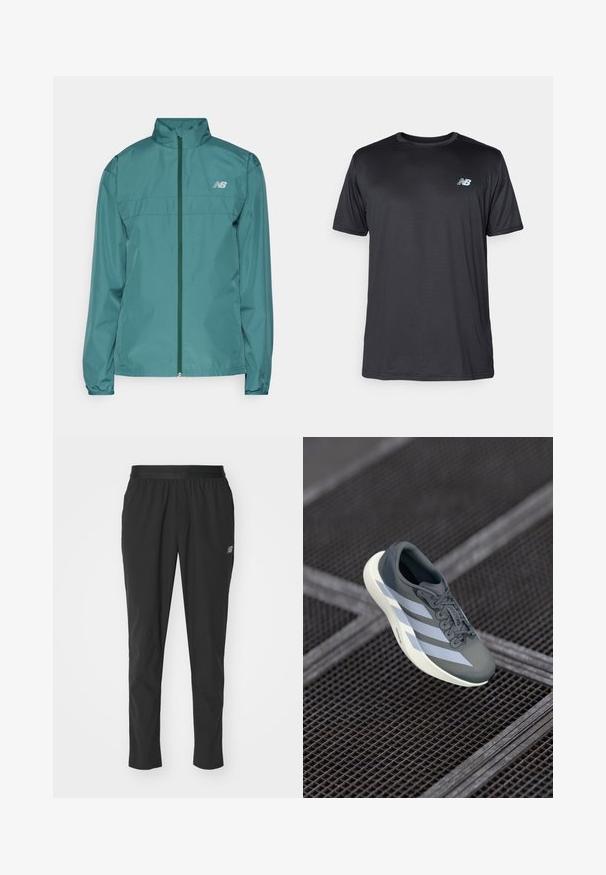 New Balance RUN JACKET - Větrovka - new spruce; New Balance Sportovní tričko - black; Černé sportovní kalhoty vyrobené z lehkého materiálu s elastickým pasem, tapered designem a nenápadným logem na straně.; Sportovní obuv v šedé a bílé barvě, vyrobená z syntetického materiálu, s aerodynamickým designem, texturovaným povrchem a výrazným systémem šněrování.