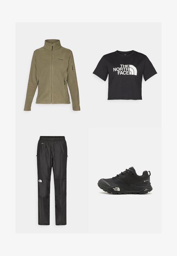 Fleece jacket in olive green with a high collar, front zipper, side pockets with zippers, and a logo on the left chest area.; Black cropped t-shirt made of cotton, featuring a white logo with curved accents and text "THE NORTH FACE" on the front. Short sleeves, crew neck.; Black waterproof pants made from lightweight fabric, featuring an elastic waistband, side pockets, and a logo on the left leg.; Black hiking shoe with a textured upper, lace closure, and a chunky rubber sole featuring a prominent logo on the side and tread patterns.