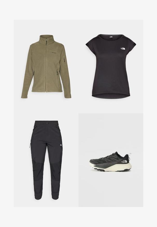 Olajzöld fleece dzseki magas gallérral, elülső cipzárral, oldalsó cipzáras zsebekkel és logóval a bal mellkasi részen.; The North Face TANKEN TANK - Sportfelső - black; Fekete kültéri nadrág tartós anyagból. Cipzáros zsebekkel, megerősített térdpanellel és egyenes szabással a mozgékonyságért.; Fekete sportcipő, texturált felsőrésszel, szürke kiegészítőkkel és fehér középtalppal. Húzófüllel és kiemelkedő márkalandírral a sarkán.