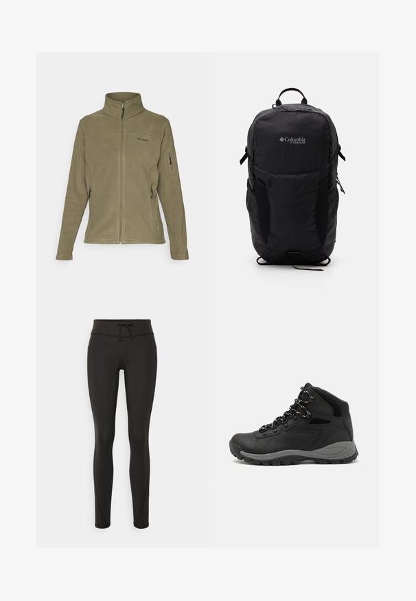 Fleecejakke i oliven grønn med høy krage, frontglidelås, sidelommer med glidelås og en logo på venstre brystområde.; Svart Columbia t-skjorte med hvit sirkulær fjell- og elvlinjekunst og tekst "Columbia Sportswear Company Outside Since 1938."; Svarte leggings med høy midje, snøring, glatt tekstur og tettsittende design. Har søm detaljer langs sidene.; Sorte turstøvler med mid-topp design, som har en teksturert overdel, grå detaljer og slitesterk gummisåle med godt grep.; Svart Columbia Titanium ryggsekk med en glatt stoffoverflate, sidelommer, topphåndtak og justerbare stropper. Minimalistisk design med subtil merkevare.