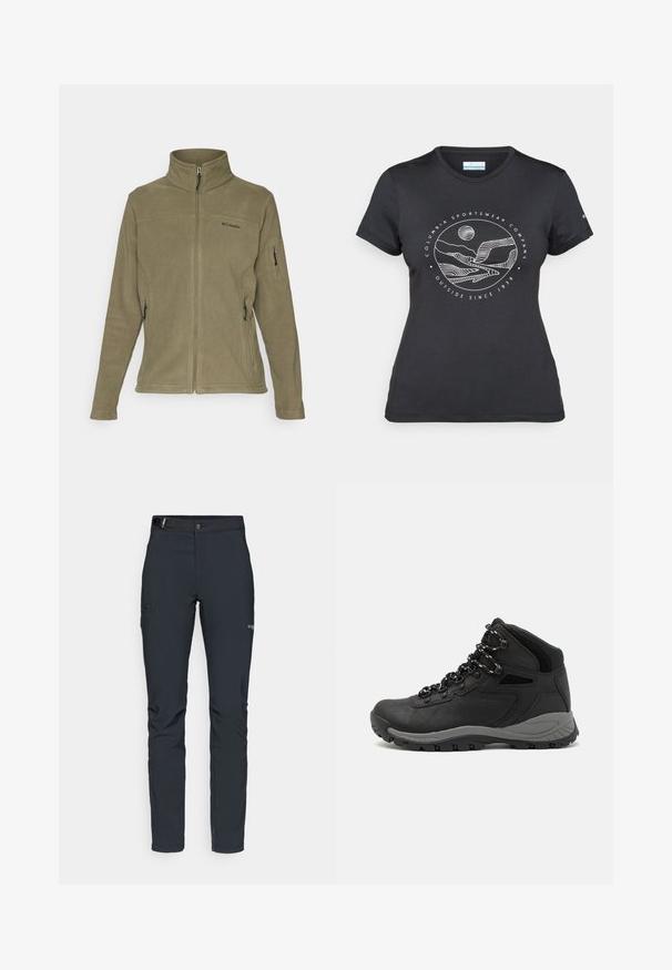 Soehkkasest fleece jakk oliivrohelises värvuses, millel on kõrge krae, ees tõmblukk, küljetaskud tõmblukkudega ning logo vasakul rinnapiiril.; Musternine Columbia T-särk mustas värvuses, millel on valge ümmargune mägi ja jõe joonistus ning tekst "Columbia Sportswear Company Outside Since 1938."; Meeste välkpüksid, tumehallid, valmistatud paindlikest materjalidest, vöökohaga, tõmblukuga taskud ja tugevdatud õmblused.; Mustarjaline matkasaabas, millel on keskmine disain, tekstuuriga ülemine osa, hallid aktsendid ja vastupidav kummist põhi, millel on haardelugesid.