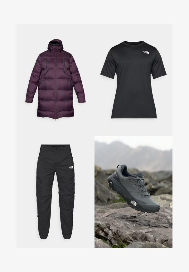 Purple puffer coat with a high collar, horizontal quilted design, two zippered chest pockets, and a full front zipper. Smooth, shiny fabric.; Black short-sleeve t-shirt made of lightweight, moisture-wicking fabric. Features a white logo on the left chest and a crew neckline.; The North Face EXPLORATION TAPERED CONVERTIBLE - Outdoor trousers - black; Grey trail running shoe with a textured upper, durable rubber sole, and reinforced toe cap. Features laces and brand logo on the side.