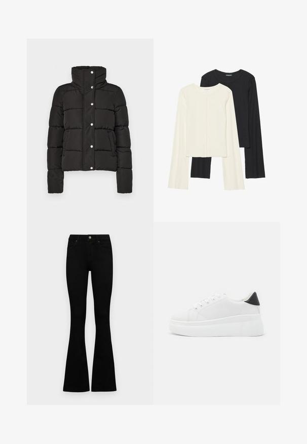 Mustapintainen pehmustettu takki, jossa on korkea kaulus, napitettava suljenta, vaakasaumat ja kaksi etutaskua. Sujuva kankaan rakenne.; Kaksi pitkähihainen puseroa valkoisena ja mustana. Varren neulos, pyöreä kaulus, tiukka malli, jossa on hieman levenevät hihat.; Mustat korkeavyötäröiset farkut nappi- ja vetskariyläosalla, etutaskuilla ja levenevillä lahkeilla, asetettuna tasaisesti valkoista taustaa vasten.; Valkoiset alustasneakerit, jotka on valmistettu sileästä synteettisestä materiaalista. Niissä on pyöreä kärki, nauhakiinnitys ja teksturoitu kumipohja. Musta kantakorko korostaa ilmettä.