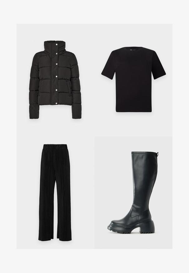 Chaqueta acolchada negra con un alto cuello, que cuenta con cierre de botones a presión, costura horizontal y dos bolsillos frontales. Textura de tela suave.; Camiseta negra de manga corta con cuello redondo, fabricada en suave algodón. Diseño simple, sin logos ni patrones visibles.; Pantalones negros de pliegues con una cintura elástica. Presentan piernas anchas y una tela suave y texturada con rayas verticales.; Bota alta de cuero negro con suela de plataforma gruesa y tacón cuadrado, que cuenta con una lengüeta y un relieve texturizado en la suela exterior.
