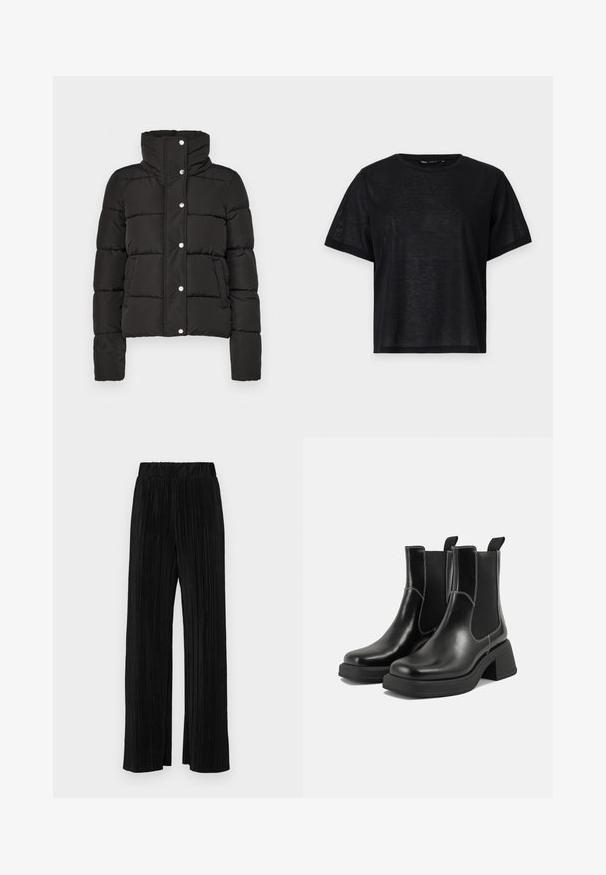 Casaco acolchoado preto com gola alta, apresentando fecho de botão de pressão, costura horizontal e dois bolsos frontais. Textura de tecido suave.; T-shirt preto de manga curta com um corte descontraído, apresentando uma textura suave e um decote redondo. Tecido leve com um brilho subtil.; Calças pregueadas pretas com uma cintura elástica. Apresentam pernas largas e um tecido liso, texturizado com riscas verticais.; Botas Chelsea em couro preto com um salto grosso, painéis laterais elásticos e costura branca em contraste. Acabamento texturizado.