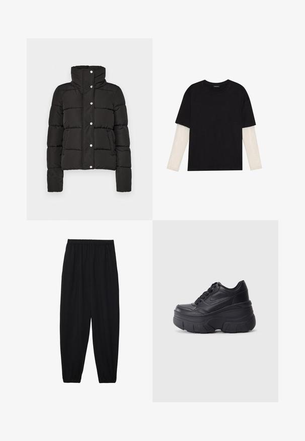 Schwarze gepolsterte Jacke mit hohem Kragen, Knopfverschluss, horizontaler Steppung und zwei Fronttaschen. Glatte Stoffoberfläche.; Schwarzes T-Shirt aus Baumwolle mit kurzen Ärmeln über einer weißen Langarmschicht, die ein dezentes strukturiertes Muster aufweist. Rundhalsausschnitt.; Schwarze, leichte Hosen mit einem elastischen Bund und gerafften Knöcheln. Der Stoff ist glatt und hat ein entspanntes, schmal zulaufendes Design.; Schwarze Schnürsneaker mit einer klobigen Sohle, ausgestattet mit einem glatten Leder-Obermaterial, runder Zehenpartie und markantem, geschichteten Plattformdesign.