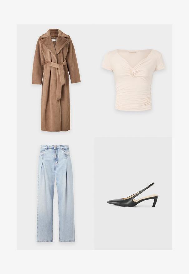 Guess ADA LONG - Klasický kabát - taupe; Svetlo béžový top s krátkym rukávom a výstrihom do V, s detailom twist vpredu, pričom po stranách má nahrnutú textúru pre priliehavý dizajn.; Svetlomodré džínsy s vysokým pásom, širším strihom po celej dĺžke, dvoma bočnými vreckami a skladaným dizajnom. Mäkka textúra s vyblednutým vzhľadom.; Čierne slingback topánky s ostrou špičkou a nízkym opätkom, vyrobené z hladkej kože a s výrezmi na boku pre lepšiu priedušnosť.