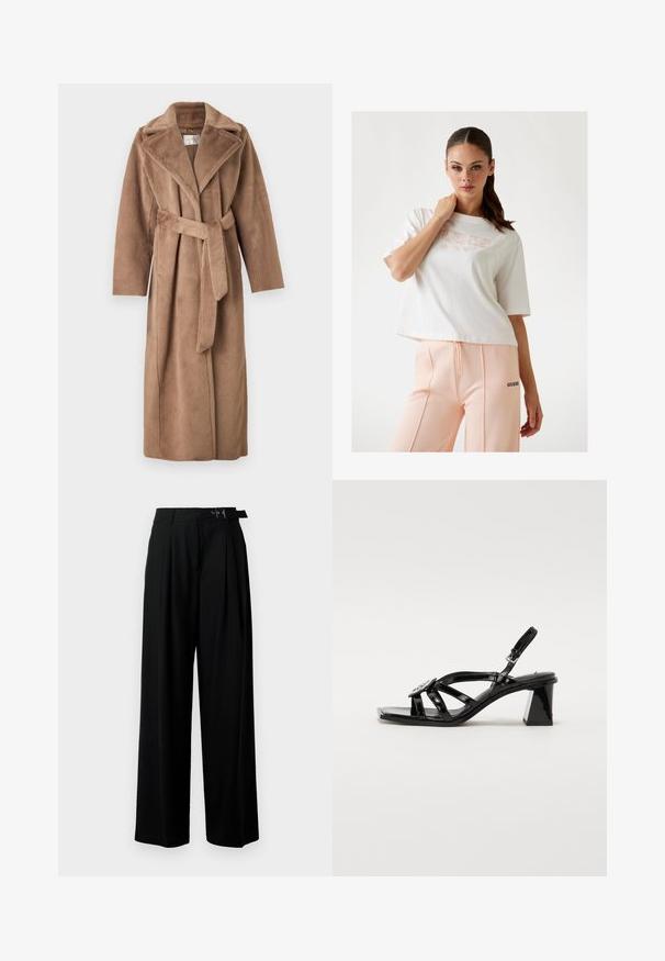 Guess ADA LONG - Klassisk kappa / rock - taupe; Vit cropped t-shirt med "GUESS"-logotyp i ljusrosa, kombinerad med persikofärgade sweatpants som har en svart logotyp på sidan. Slät bomullstextur.; Svarta byxor med vida ben och hög midja, med veck framtill och ett bälte med spänne. Tillverkade av ett mjukt, lätt tyg.; Svarta lackläder högklackade sandaler med öppen tå, breda remmar, justerbart spänne och en geometrisk blockklack.