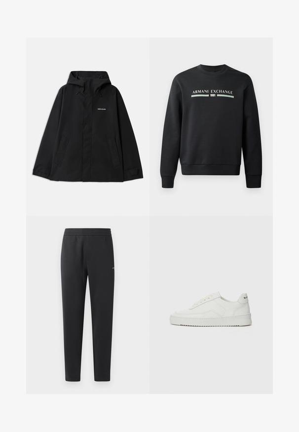 Fekete vízálló dzseki kapucnival, hosszú ujjakkal, elöl cipzárral és két oldalütő zsebbel. Simább textúrával és minimalista dizájnnal.; Fekete pulóver, puha anyagból készült. Kerek nyakú, hosszú ujja van. Az elülső részén "ARMANI EXCHANGE" és "1991" felirat látható eltérő színben.; Fekete sportnadrág puha anyagból, rugalmas derékpánttal, egyenes szárakkal és egy kis logó részlettel az oldalán.; Fehér bőr sportcipő sima felülettel, kerek orral, lapos fűzőkkel és texturált talppal. Finom logó található a sarokon.