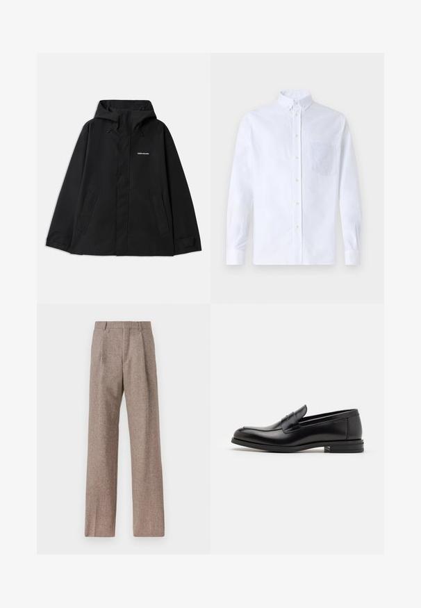 Jachetă impermeabilă neagră cu glugă, mâneci lungi, închidere cu fermoar în față și două buzunare laterale. Textură netedă cu un design minimalist.; Cămașă albă cu mânecă lungă, din bumbac, prevăzută cu un buzunar pe piept cu broderie tonală, guler și manșete cu buton.; Pantaloni bej, cu talie înaltă, dintr-un material texturat. Prezintă picioare late și două pliseuri frontale pentru structură. Finisaj îngrijit, fără accesorii vizibile.; Mocasini din piele neagră cu o textură netedă, vârf rotund și o curea decorativă peste partea superioară. Toc mic, design minimalist.