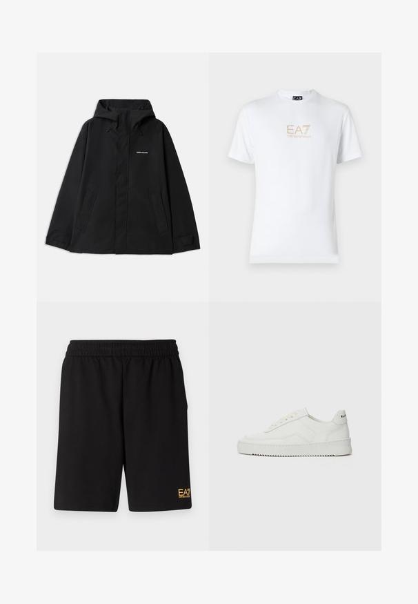 Fekete vízálló dzseki kapucnival, hosszú ujjakkal, elöl cipzárral és két oldalütő zsebbel. Simább textúrával és minimalista dizájnnal.; Fehér pamut póló, kerek nyakkivágással és rövid ujjakkal, az elején arany EA7 Emporio Armani logóval nyomtatva.; Fekete sportnadrág puha anyagból, rugalmas derékkal és egy kis sárga EA7 logóval a bal alsó lábszáron.; Fehér bőr sportcipő sima felülettel, kerek orral, lapos fűzőkkel és texturált talppal. Finom logó található a sarokon.