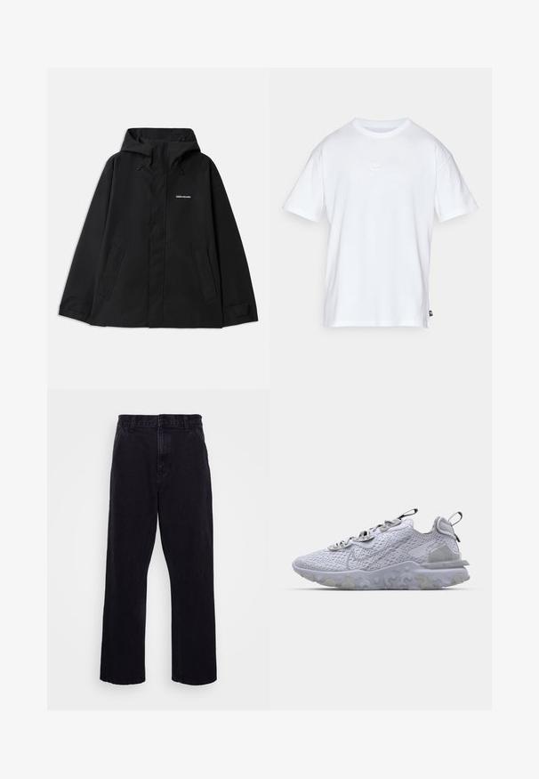 Melnā ūdensizturīgā jaka ar kapuci, garām piedurknēm, priekšējo rāvējslēdzēju un divām sānu kabatām. Gluda tekstūra ar minimālistisku dizainu.; Balts kokvilnas T-krekls ar īsām piedurknēm un apaļu kakla izgriezumu. Uz krūtīm ir maza, diskrēta Nike logo un sānu birka.; Melnu džinsu bikses ar taisnu kāju dizainu, ar pogu un rāvējslēdzēju, jostu cilpām un minimālu šuvju detaļām.; Gaiši pelēki sporta apavi ar elpojošu sietu augšdaļu, teksturētu gumijas zoli un atstarojošiem akcentiem. Iespējas ar mīkstinātu apkakli un auklu dizainu.