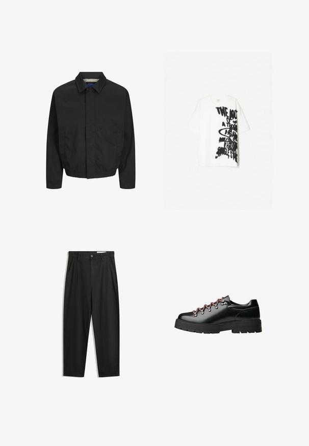 Zwarte lichtgewicht jas met een kraag, sluiting met knopen aan de voorkant, elastische tailleband en zijzakken. Glad matte stof met een geruite voering.; Witte katoenen t-shirt met een relaxte pasvorm, met gedurfde zwarte grafische tekst op de voorkant. Korte mouwen en een ronde hals.; Zwarte katoenen broeken met een losse pasvorm, voorzien van een klassieke tailleband, voorplooien en zijzakken. Gladde structuur zonder patronen.; Zwarte leren wandelschoen met rode en witte veters, grote oogjes en een stevige, geribbelde zool voor grip en stabiliteit.