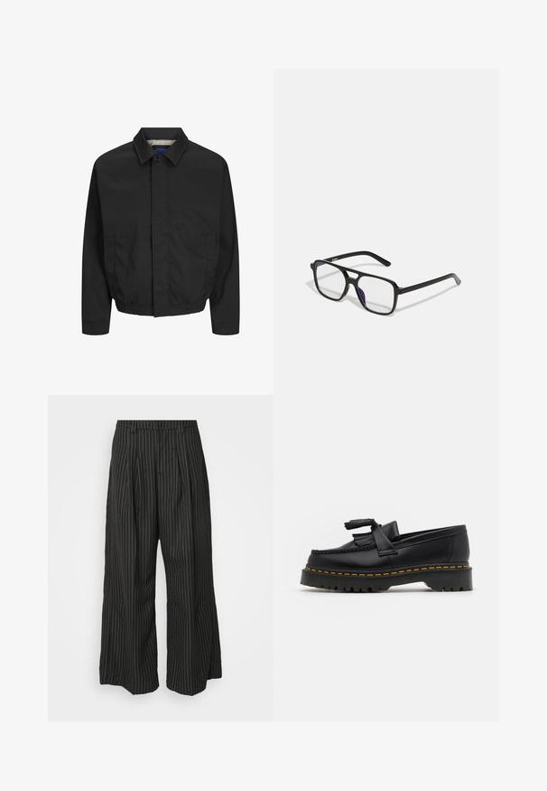 Schwarze leichte Jacke mit Kragen, vorderer Knopfverschlüssen, elastischem Bund und Seitentaschen. Glattes, mattes Gewebe mit kariertem Innenfutter.; Schwarzes Langarm-Henley-Shirt aus weichem Stoff, mit knöpfbarer Leiste, rundem Ausschnitt und enganliegenden Ärmeln.; Schwarz gestreifte weite Hose mit Falten, im taillierten Design und mit weichem Material. Keine sichtbaren Beschläge oder Akzente.; Schwarze Lederloafers mit einem fransenverzierten Akzent, ausgestattet mit einer robusten schwarzen Sohle und gelber Naht entlang der Kante. Texturierte Oberfläche.; Schwarze rechteckige Brille mit klaren Gläsern und einem dezenten lila Schimmer, ausgestattet mit schlanken Bügeln und einem minimalistischen Design.