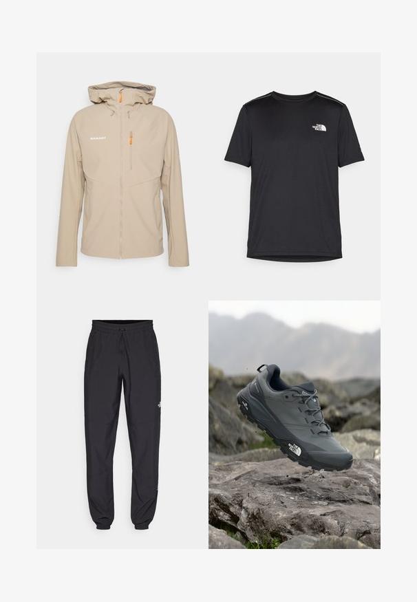 Mammut ULTIMATE COMFORT SO HOODED - Softshelljacke - savannah; Schwarzes T-Shirt mit kurzen Ärmeln aus leichtem Stoff. Mit einem kleinen weißen Logo auf der linken Brust und dezenten Akzenten an den Schultern.; Schwarze Sporthosen aus leichtem Stoff, mit einem Kordelzugbund, seitlichen Taschen und schmal zulaufenden Bündchen an den Knöcheln.; Grau Trailrunning-Schuh mit einer strukturierten Oberseite, haltbarer Gummisohle und verstärkter Zehenkappe. Verfügt über Schnürsenkel und ein Markenlogo an der Seite.