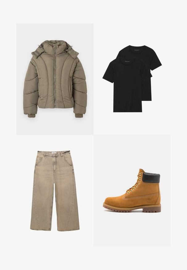 Jachetă puffer ușoară, de culoare verde măslin, cu un guler înalt, închidere cu fermoar, manșete ribbate și o textură matlasată cu cusături curbate.; Două tricouri negre din bumbac cu mâneci scurte, cu guler rotund și o textură netedă, expuse suprapuse.; PULL&BEAR MEGA BAGGY - Blugi largi - light grey; Cizmă de gleznă din întoarsă de culoare bej, cu guler negru căptușit, ochiuri din metal auriu, detalii de cusătură albă și talpă din cauciuc robustă, cu un model pronunțat.