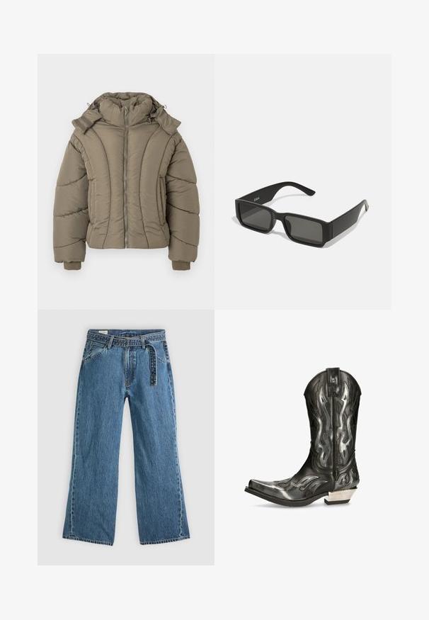 Letvægts pufferjakke i olivengrøn med høj krave, lynlåslukning, ribbede manchetter og en quiltet tekstur med buede sømme.; Simpel hvid kortærmet t-shirt med afslappet pasform, lagt fladt på en lys grå baggrund.; Blå denim brede bukser med fastgjort bælte, frontlommer og synlig syning på en lys ensfarvet baggrund.; Sort læder cowboystøvle med sølvflamme mønstre, spidse tæer og en lav sølv hæl. Har syninger og en trækstrop.; Sorte solbriller med rektangulære linser, mat plastikramme og lige kanter. Har brandlogo på den indvendige arm.