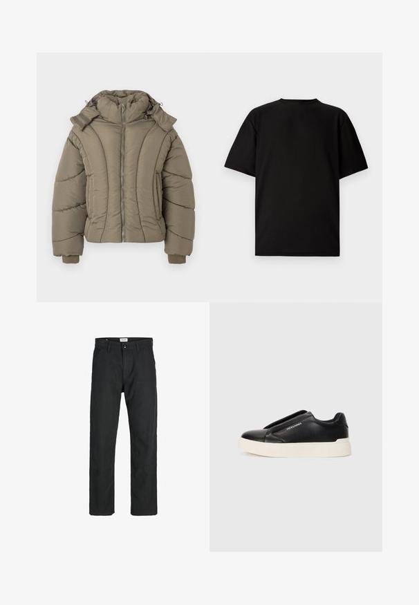 Vieglais pūšamais apģērbs olīvzaļā krāsā ar augstu apkakli, rāvējslēdzēju, ribotiem aprocēm un quiltētu tekstūru ar izliektiem šuvēm.; Melna īsām piedurknēm T-kreklu, kas izgatavots no ribotas auduma. Tam ir apaļa kakla izgriezums un brīvs piegriezums ar gludu tekstūru. Skats tikai no aizmugures.; Melnas bikses no izturīga auduma, ar taisna griezuma dizainu, izšūtām akcentiem un divām priekšējām kabatām funkcionālitātei.; Melna slip-on kedu ar teksturētu ādas augšdaļu, baltu gumijas zoli un bez redzamām šņorcēm. Uz sāna ir zīmola logo.
